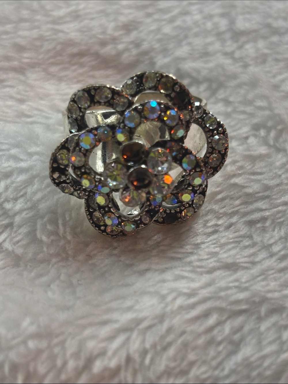 Crystal Flower Statement Ring - Silver Tone